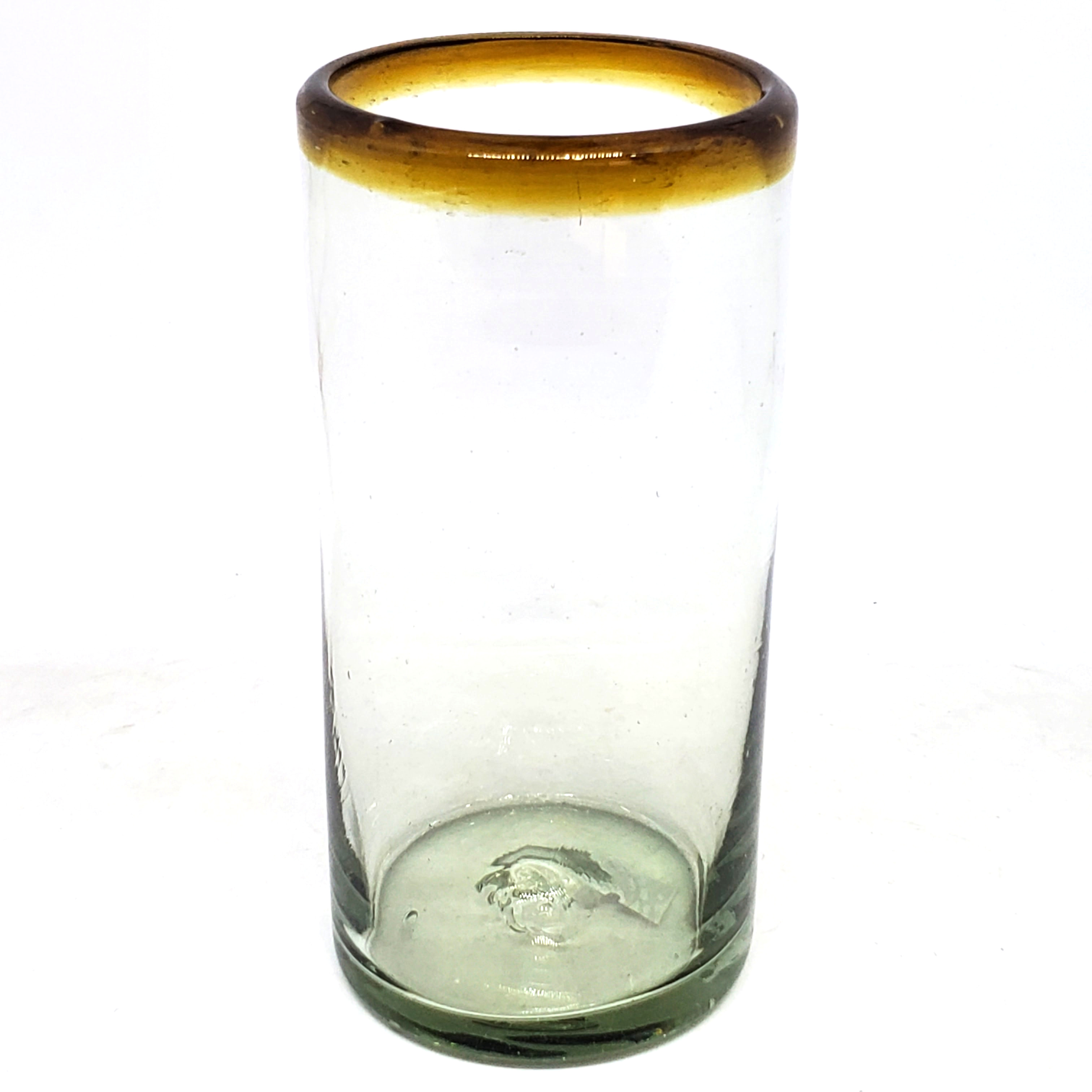 VIDRIO SOPLADO / Juego de 6 vasos Jumbo con borde ambar, 20 oz, Vidrio Reciclado, Libre de Plomo y Toxinas